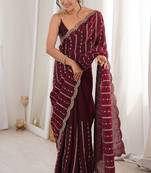 Wine fendy satin heavy embroidery sequins work saree with blouse