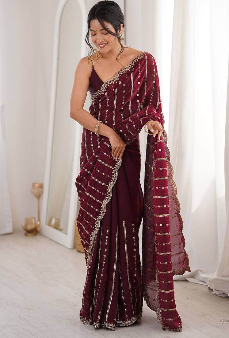 Wine fendy satin heavy embroidery sequins work saree with blouse