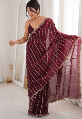 Wine fendy satin heavy embroidery sequins work saree with blouse 2