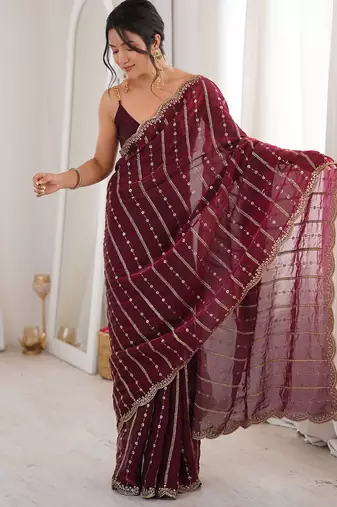Wine fendy satin heavy embroidery sequins work saree with blouse
