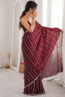 Wine fendy satin heavy embroidery sequins work saree with blouse 3