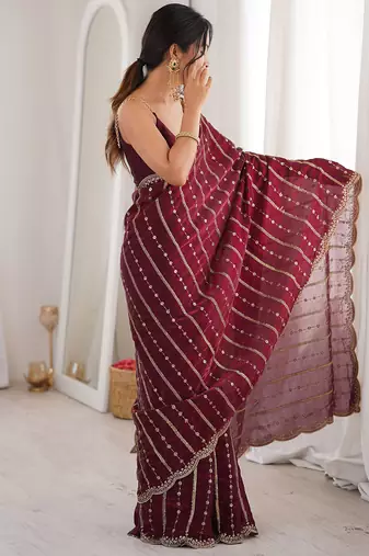Wine fendy satin heavy embroidery sequins work saree with blouse