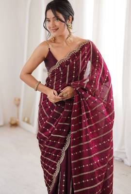 Wine fendy satin heavy embroidery sequins work saree with blouse 4
