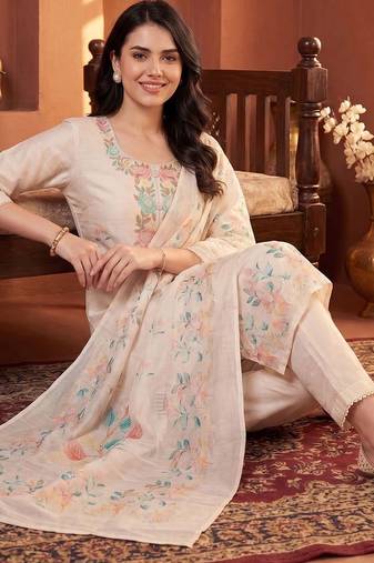 Women Floral Printed Thread Work Linen Kurta with Trousers & With Dupatta