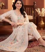 Women Floral Printed Thread Work Linen Kurta with Trousers & With Dupatta