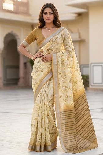 Light yellow lichi silk floral print saree with blouse