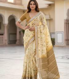 Light yellow lichi silk floral print saree with blouse