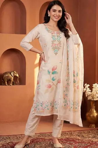 Women Floral Printed Thread Work Linen Kurta with Trousers & With Dupatta