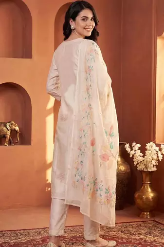 Women Floral Printed Thread Work Linen Kurta with Trousers & With Dupatta