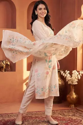 Women Floral Printed Thread Work Linen Kurta with Trousers & With Dupatta