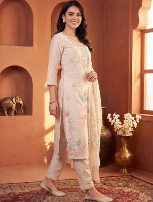 Women Floral Printed Thread Work Linen Kurta with Trousers & With Dupatta 6