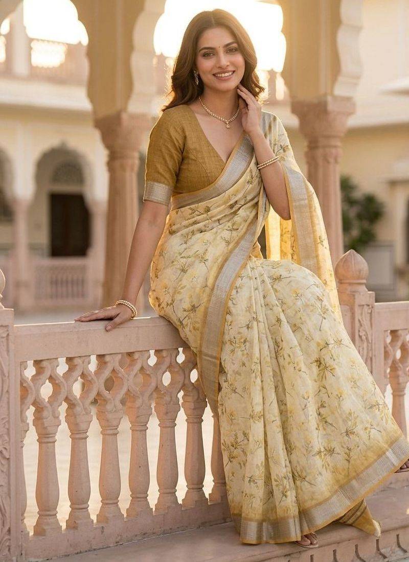 Light yellow lichi silk floral print saree with blouse