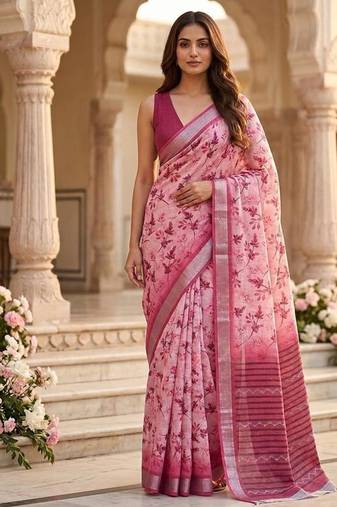 Pink lichi silk floral print saree with blouse