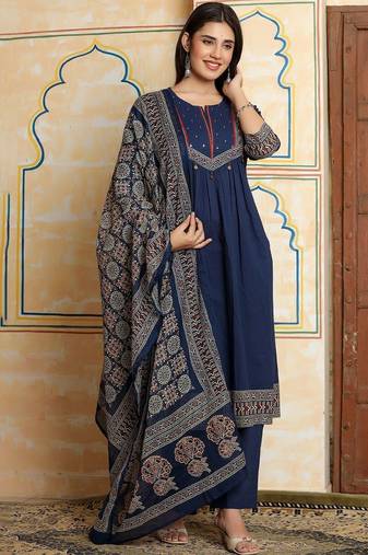 Women Ethnic Motifs Dyed Panelled Thread Work Cotton Kurta with Trousers & With Dupatta