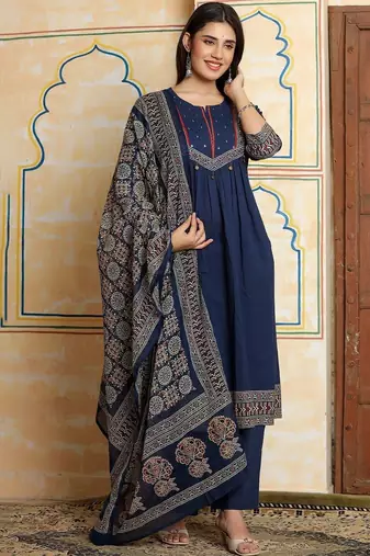Women Ethnic Motifs Dyed Panelled Thread Work Cotton Kurta with Trousers & With Dupatta