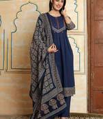 Women Ethnic Motifs Dyed Panelled Thread Work Cotton Kurta with Trousers & With Dupatta