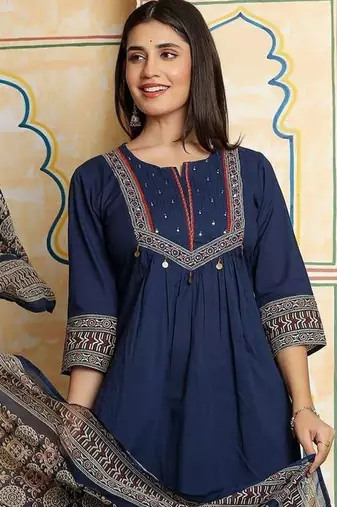 Women Ethnic Motifs Dyed Panelled Thread Work Cotton Kurta with Trousers & With Dupatta