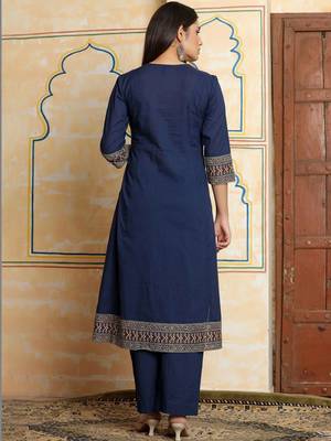 Women Ethnic Motifs Dyed Panelled Thread Work Cotton Kurta with Trousers & With Dupatta 4