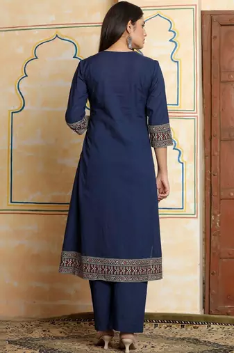 Women Ethnic Motifs Dyed Panelled Thread Work Cotton Kurta with Trousers & With Dupatta