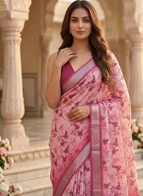 Pink lichi silk floral print saree with blouse 4