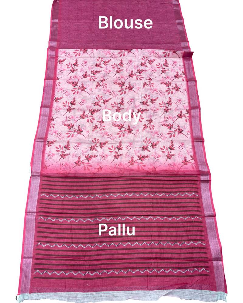 Pink lichi silk floral print saree with blouse