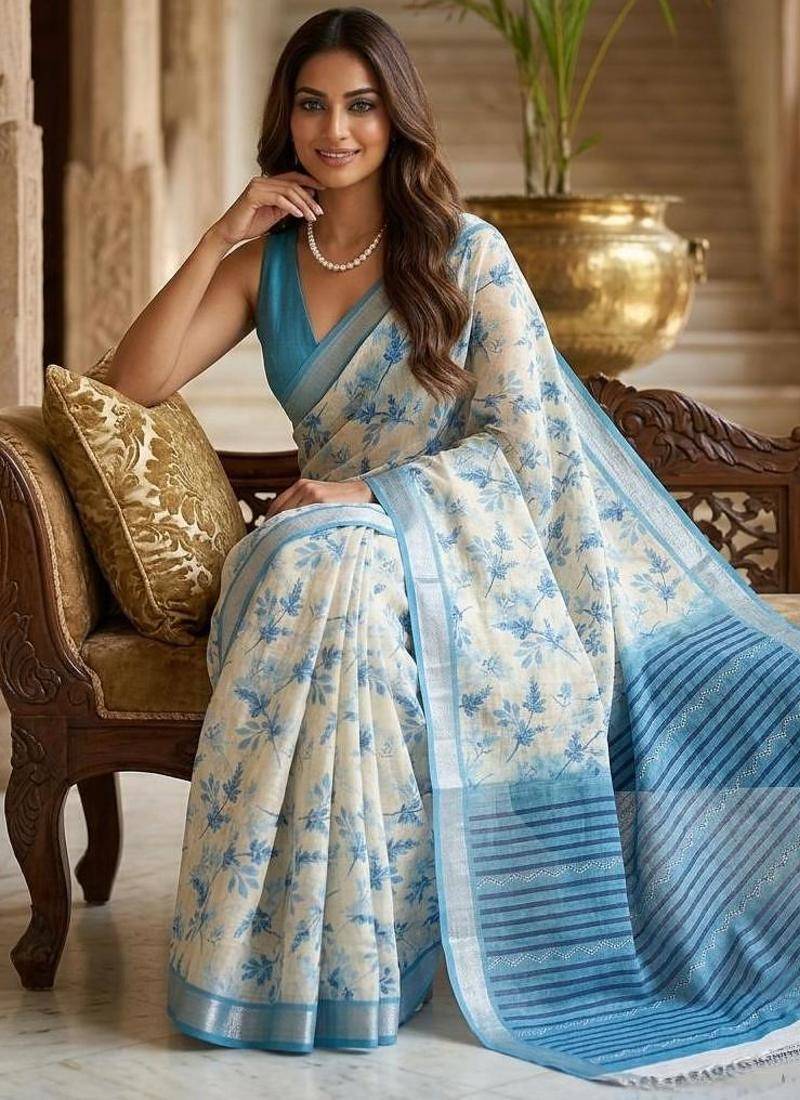 Off white lichi silk floral print saree with blouse