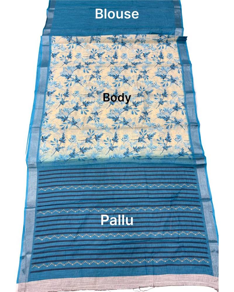 Off white lichi silk floral print saree with blouse