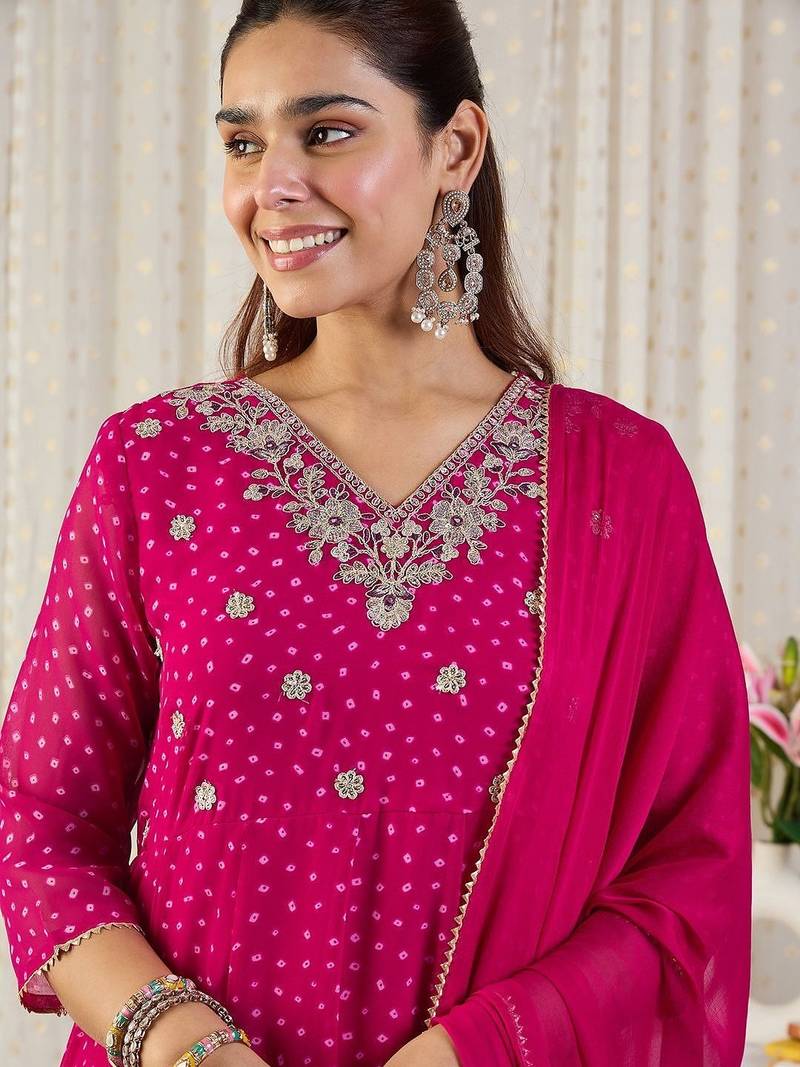 Ethnic Motifs Printed Panelled Thread Work Kurta With Trousers & Dupatta