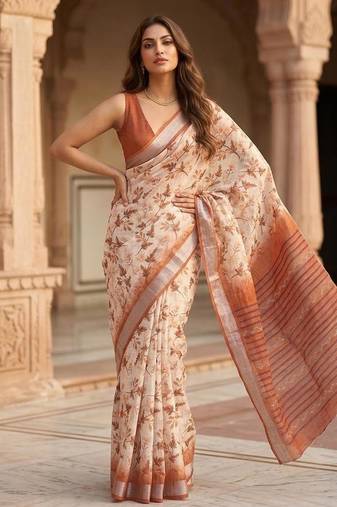 Cream lichi silk floral print saree with blouse