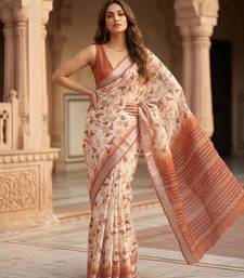 Cream lichi silk floral print saree with blouse