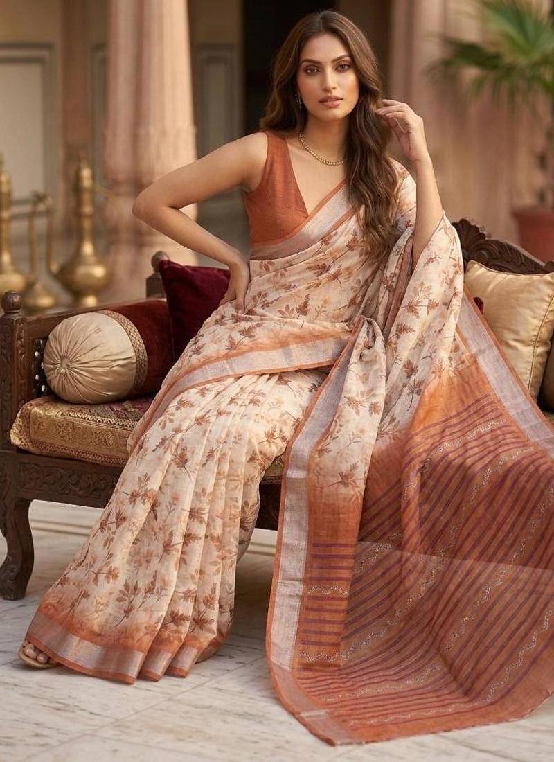 Cream lichi silk floral print saree with blouse