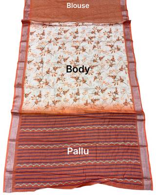 Cream lichi silk floral print saree with blouse 5