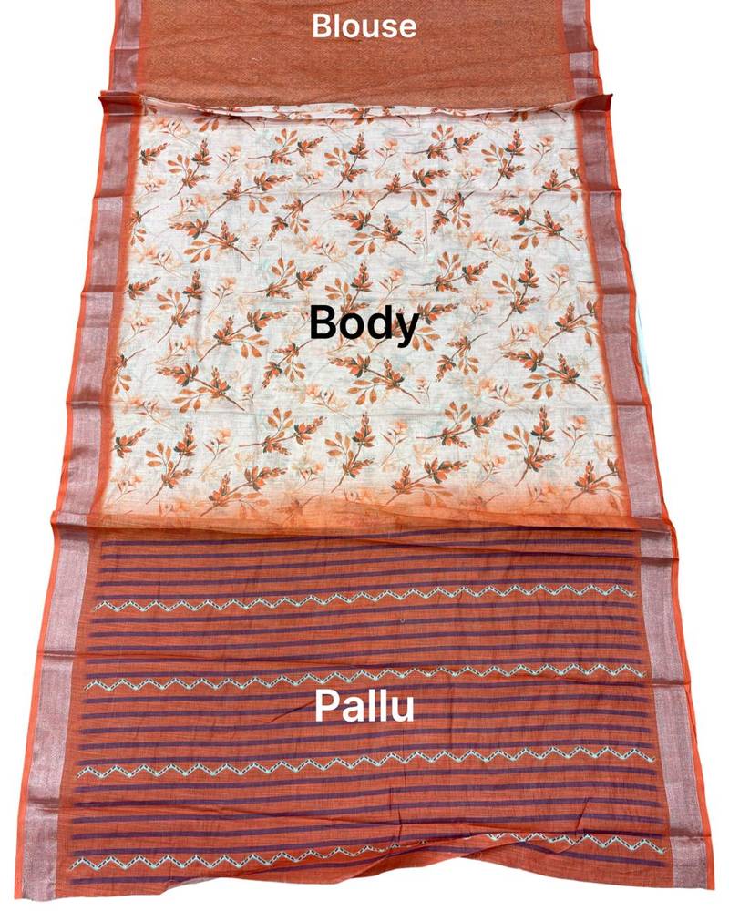 Cream lichi silk floral print saree with blouse