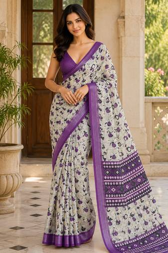 Grey lichi silk floral print saree with blouse