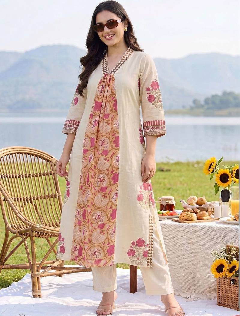 Women Floral Printed Cotton Kurta with Trousers