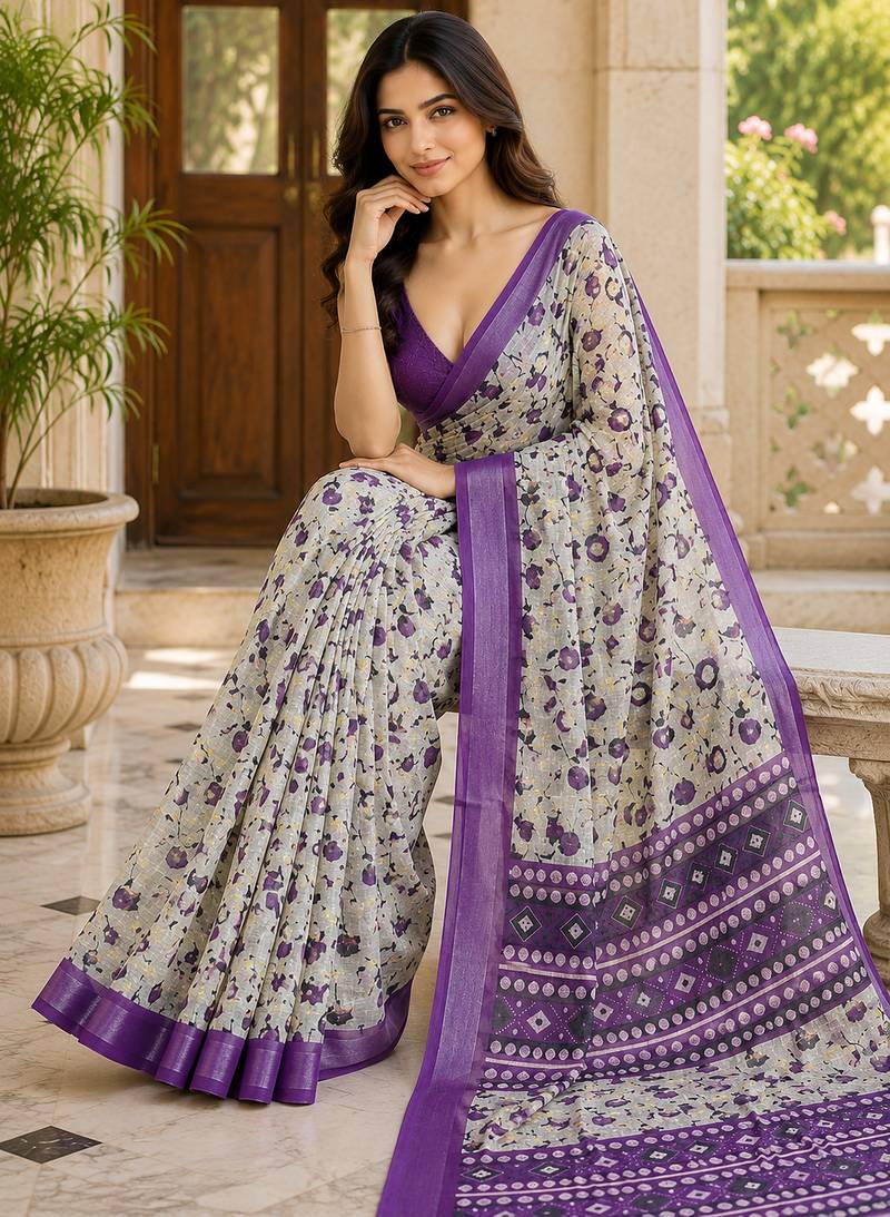 Grey lichi silk floral print saree with blouse