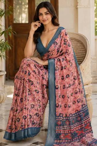 Dusty pink lichi silk floral print saree with blouse