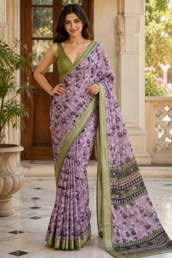 Lavender lichi silk floral print saree with blouse
