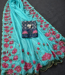 Blue Color Printed And Hand Work Silk Blend Saree