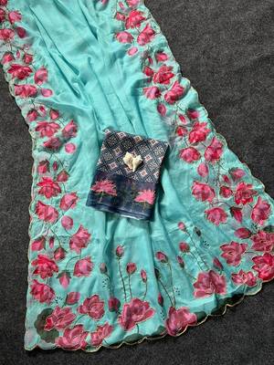 Blue Color Printed And Hand Work Silk Blend Saree 2