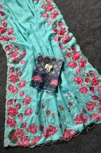 Blue Color Printed And Hand Work Silk Blend Saree