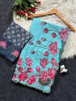 Blue Color Printed And Hand Work Silk Blend Saree 3