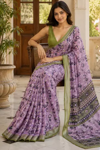 Lavender lichi silk floral print saree with blouse