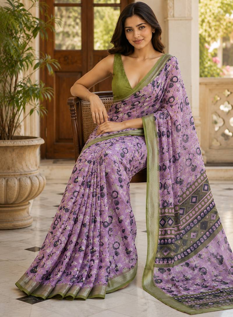 Lavender lichi silk floral print saree with blouse