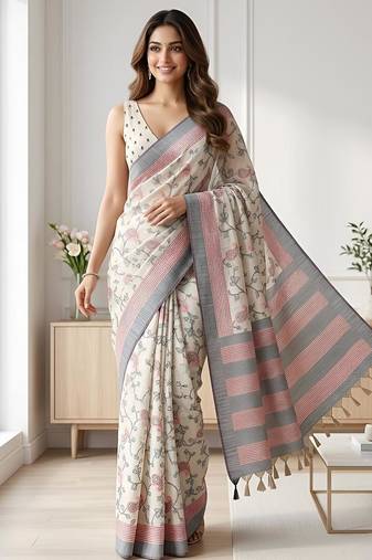 Off white cotton silk printed saree with blouse