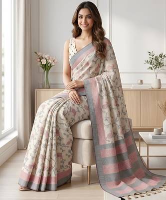 Off white cotton silk printed saree with blouse 3