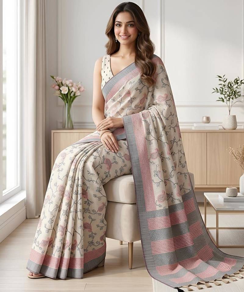 Off white cotton silk printed saree with blouse
