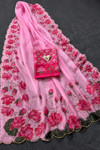 Pink Printed And Hand Work Silk Blend Saree