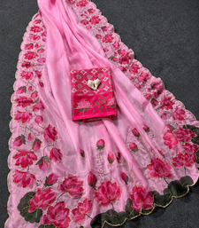 Pink Color Printed And Hand Work Silk Blend Saree