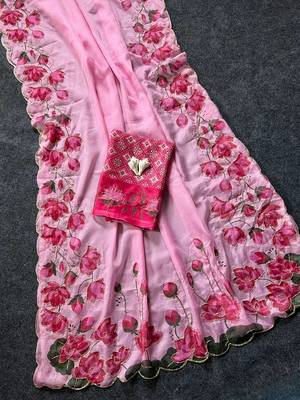 Pink Color Printed And Hand Work Silk Blend Saree 2